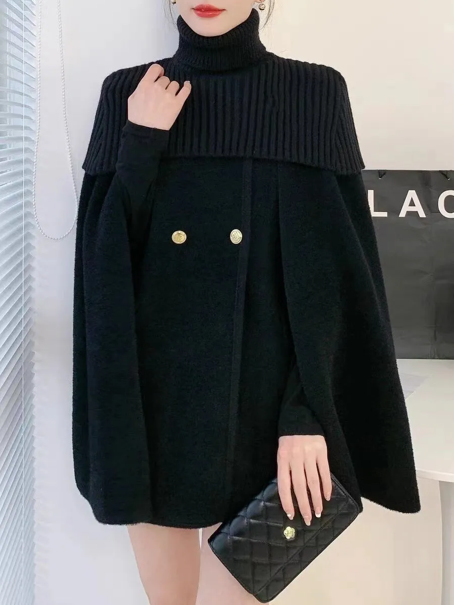 Elegant White O-Neck Knit Patchwork Cape And Woolen Coats Two Piece Set Spring