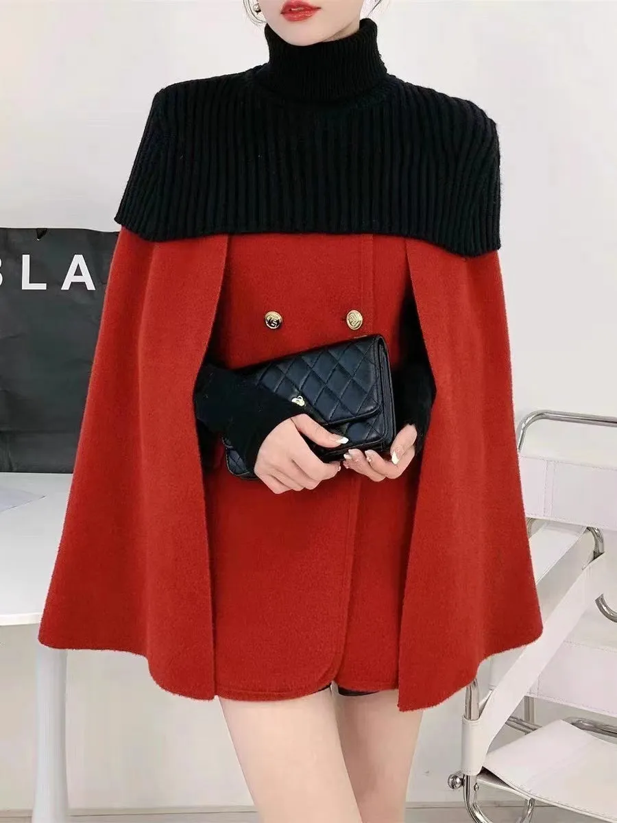 Elegant White O-Neck Knit Patchwork Cape And Woolen Coats Two Piece Set Spring