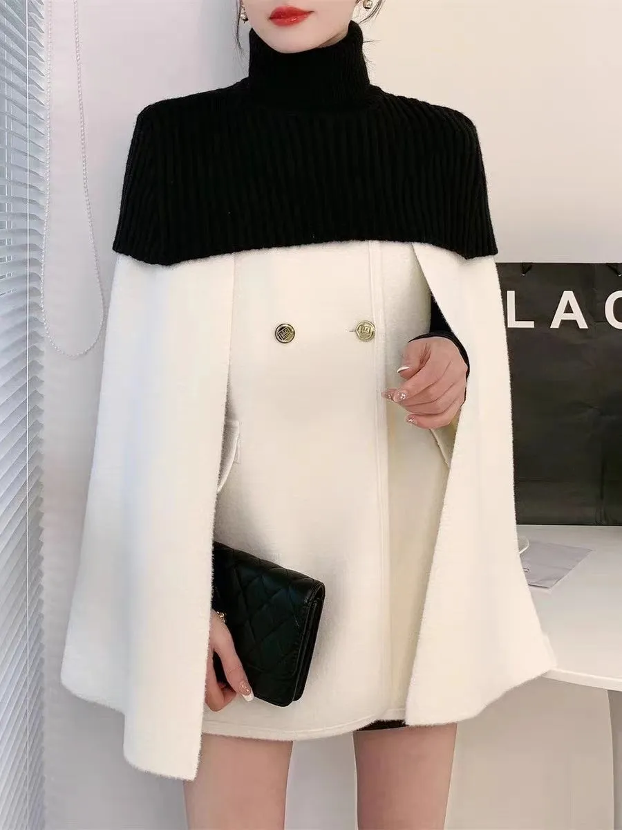 Elegant White O-Neck Knit Patchwork Cape And Woolen Coats Two Piece Set Spring