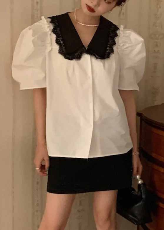 Elegant White Peter Pan Collar Lace Patchwork Cotton Top Summer LY2614