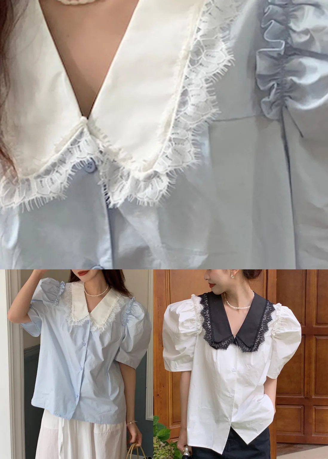 Elegant White Peter Pan Collar Lace Patchwork Cotton Top Summer LY2614