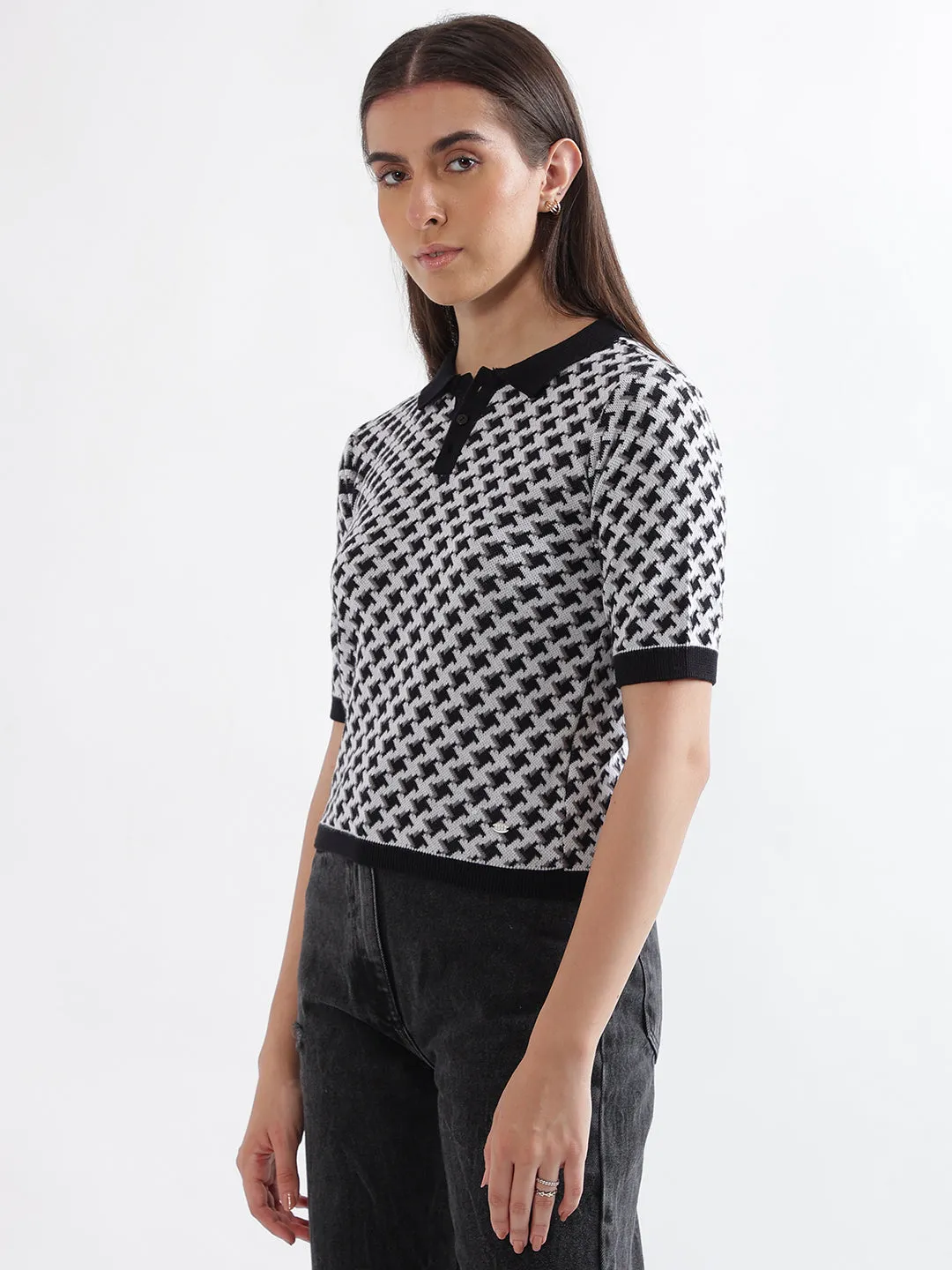 Elle Women Black Printed Polo Collar Short Sleeves T-Shirt