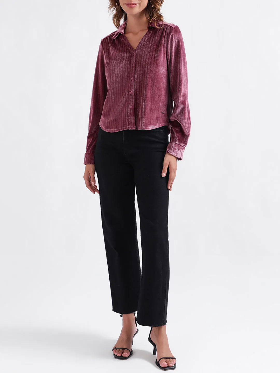 Elle Women Striped Full Sleeves Collar Top