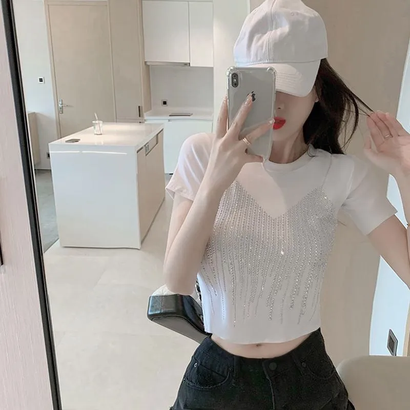 Embellishment Unique Cropped Regular Shoulder Niche Short Sleeve Tee