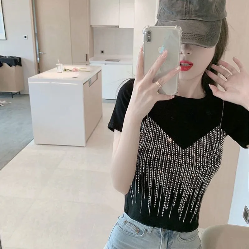 Embellishment Unique Cropped Regular Shoulder Niche Short Sleeve Tee