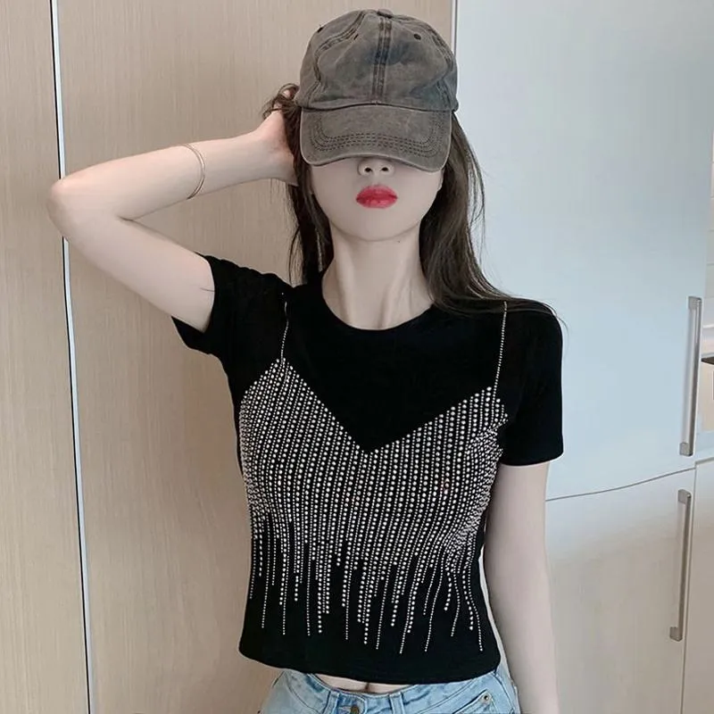 Embellishment Unique Cropped Regular Shoulder Niche Short Sleeve Tee