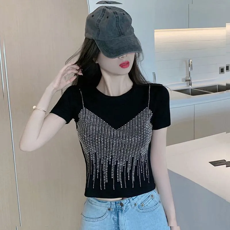 Embellishment Unique Cropped Regular Shoulder Niche Short Sleeve Tee