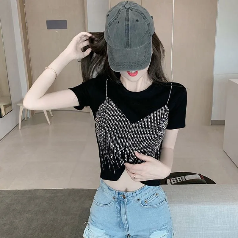 Embellishment Unique Cropped Regular Shoulder Niche Short Sleeve Tee