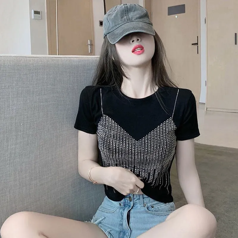 Embellishment Unique Cropped Regular Shoulder Niche Short Sleeve Tee
