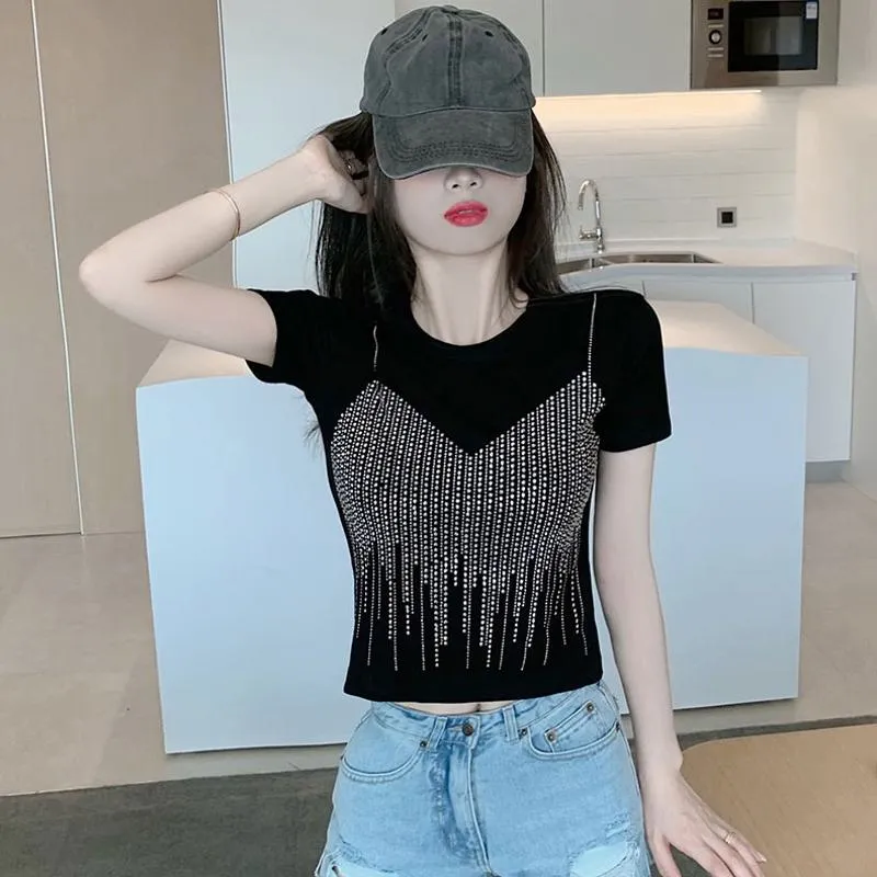 Embellishment Unique Cropped Regular Shoulder Niche Short Sleeve Tee