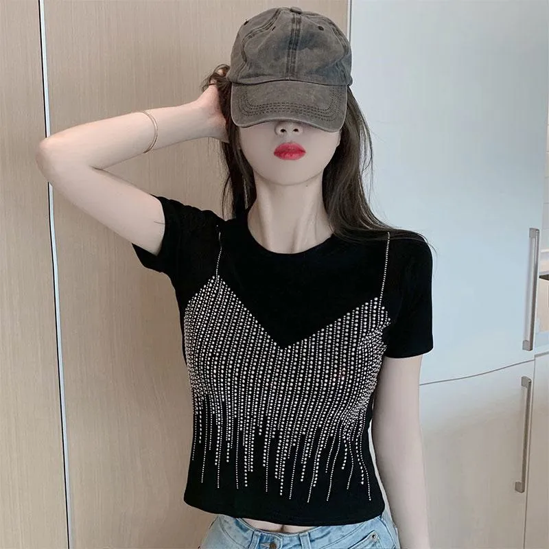 Embellishment Unique Cropped Regular Shoulder Niche Short Sleeve Tee