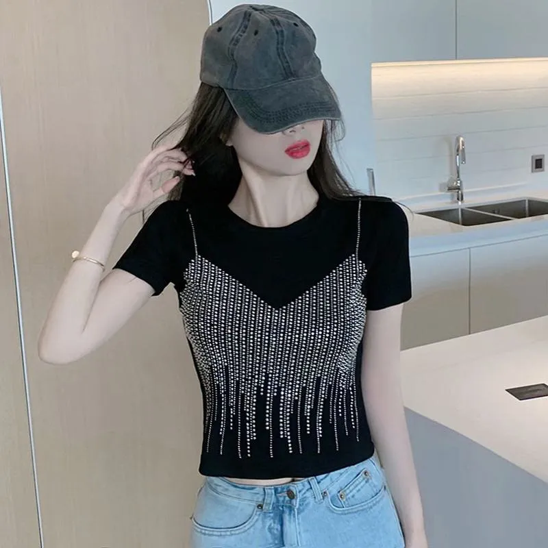 Embellishment Unique Cropped Regular Shoulder Niche Short Sleeve Tee