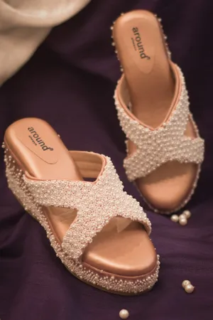 Embroidered Beige Wedges