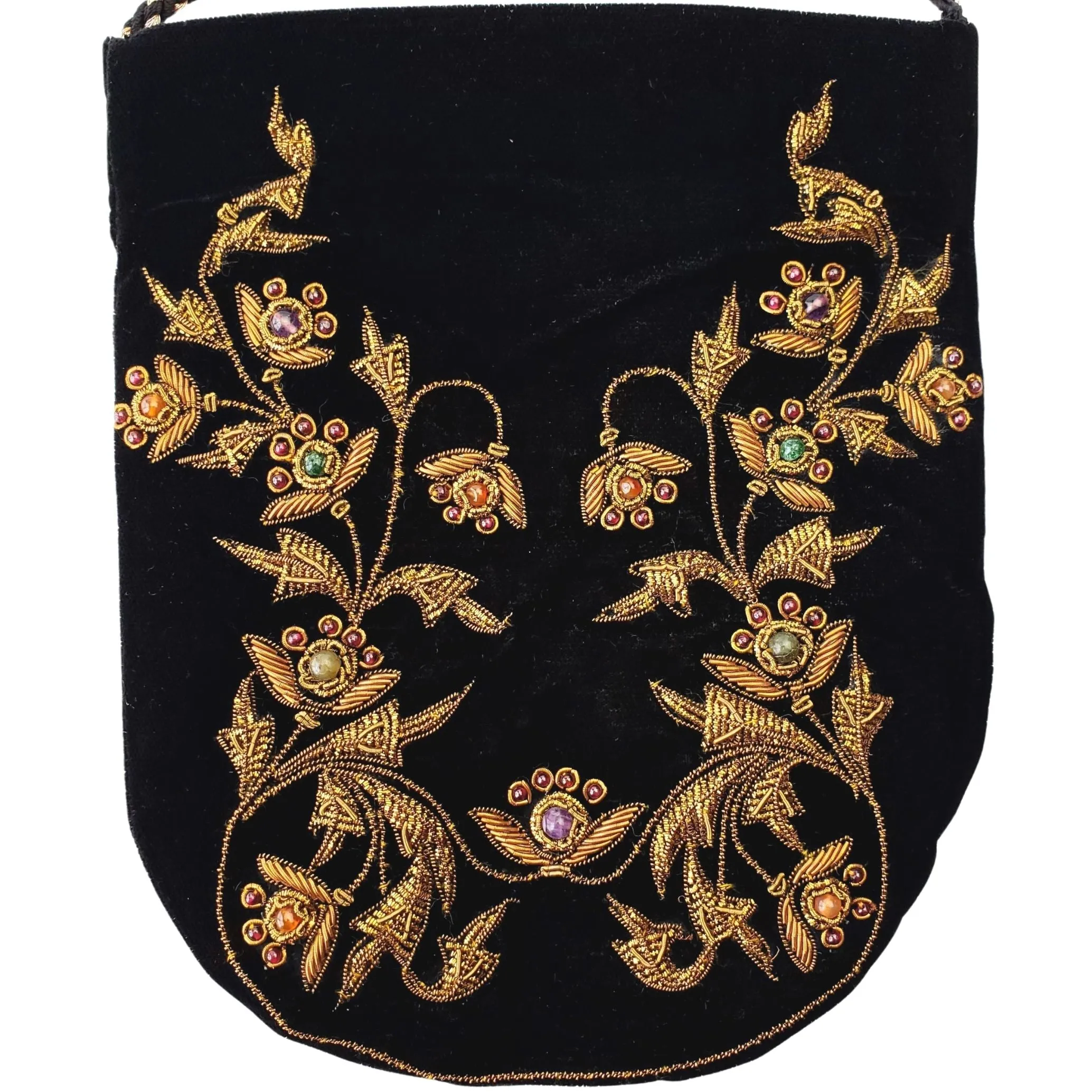 Embroidered Brown Velvet and Gold Crossbody Bag
