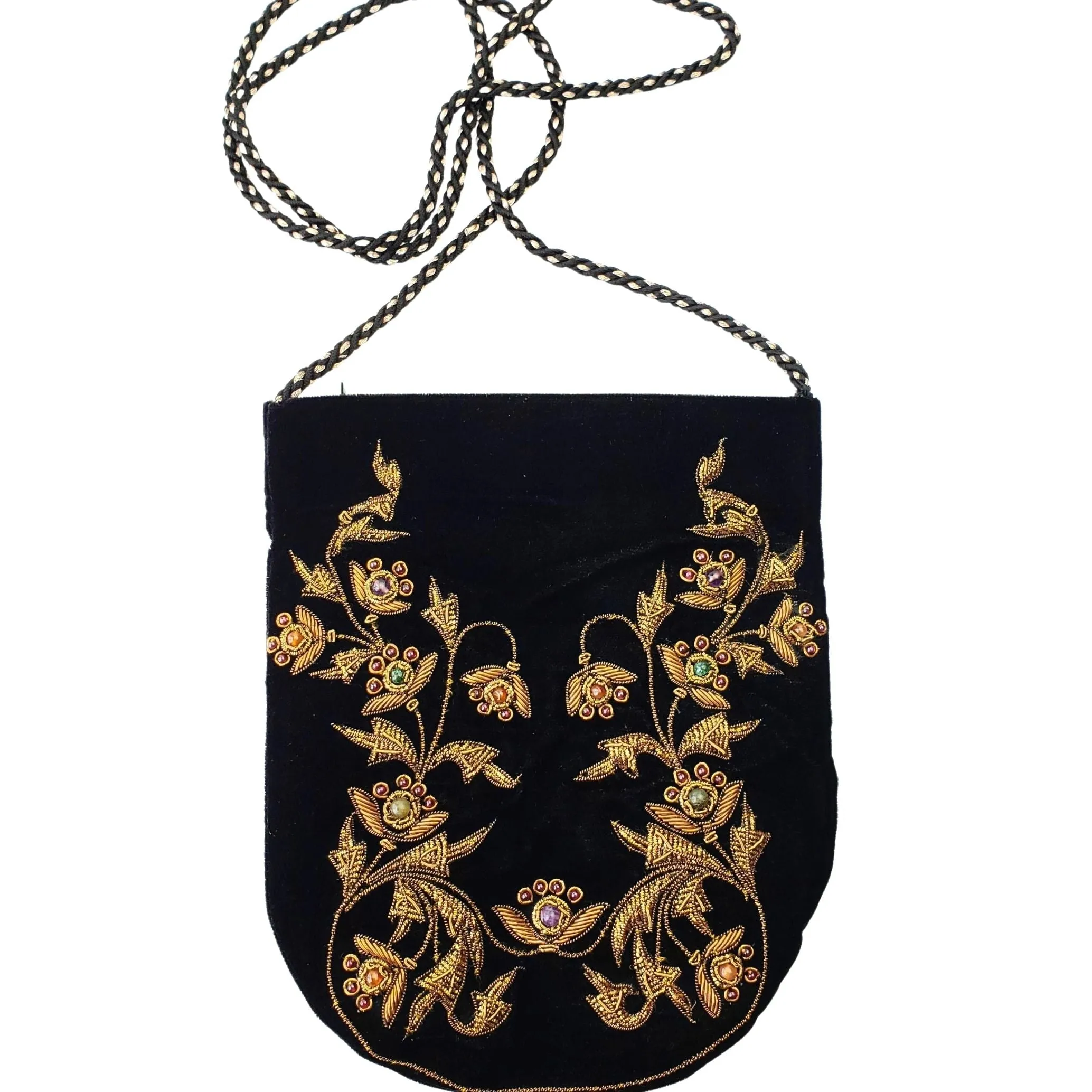 Embroidered Brown Velvet and Gold Crossbody Bag