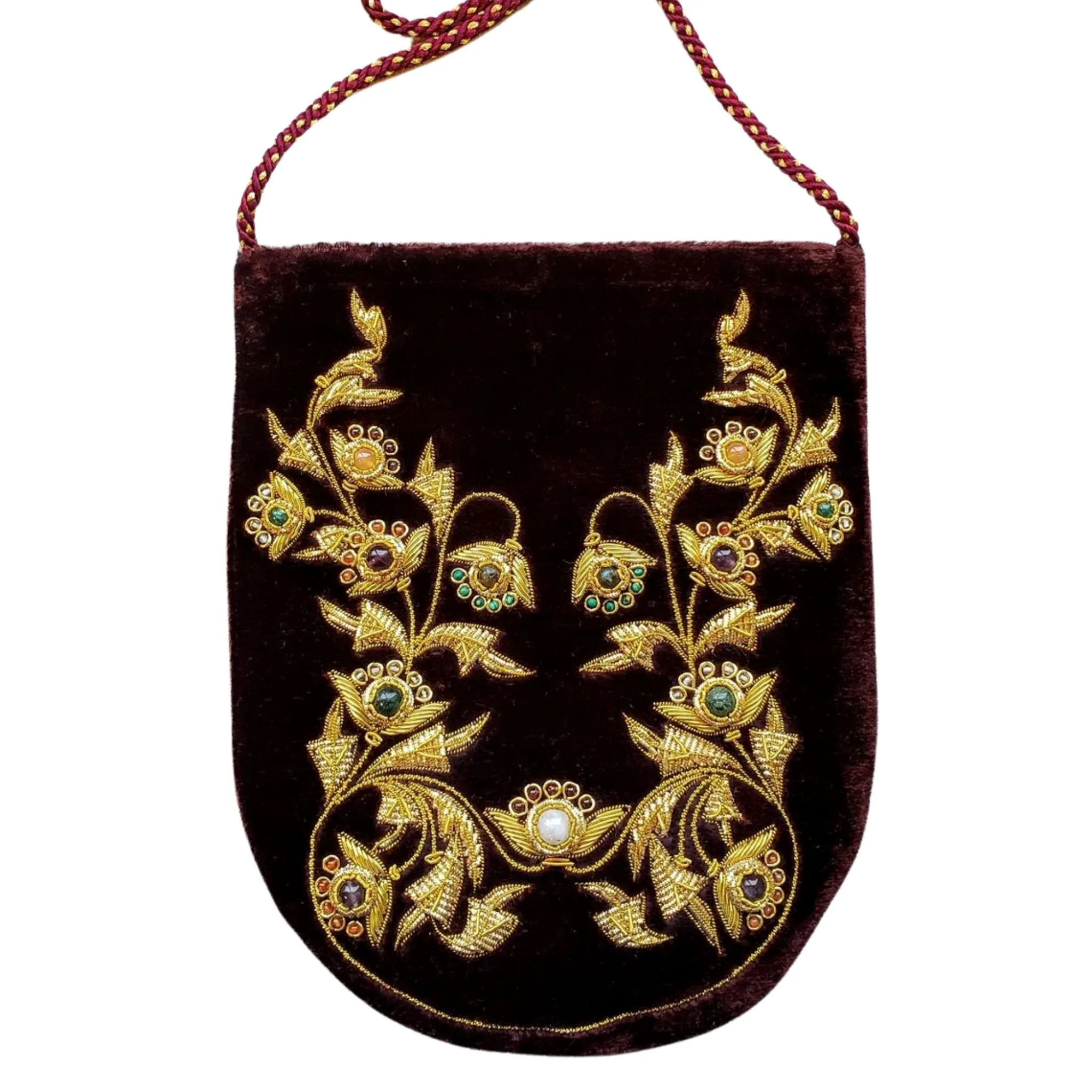 Embroidered Brown Velvet and Gold Crossbody Bag