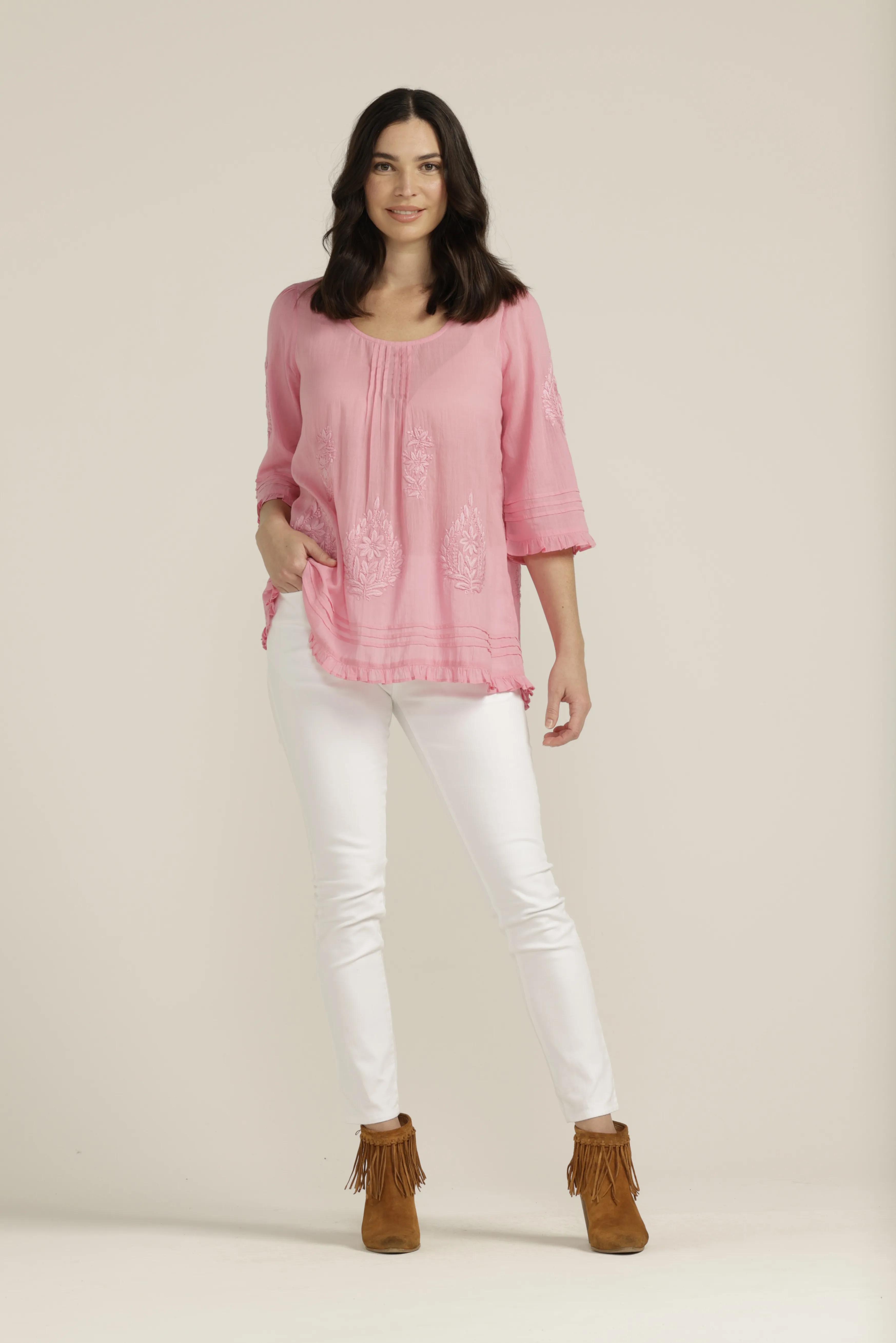 Embroidered Cotton Trapeze Top Pale Pink