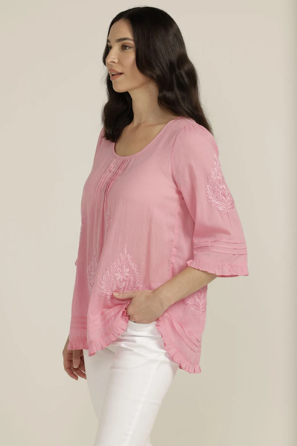 Embroidered Cotton Trapeze Top Pale Pink