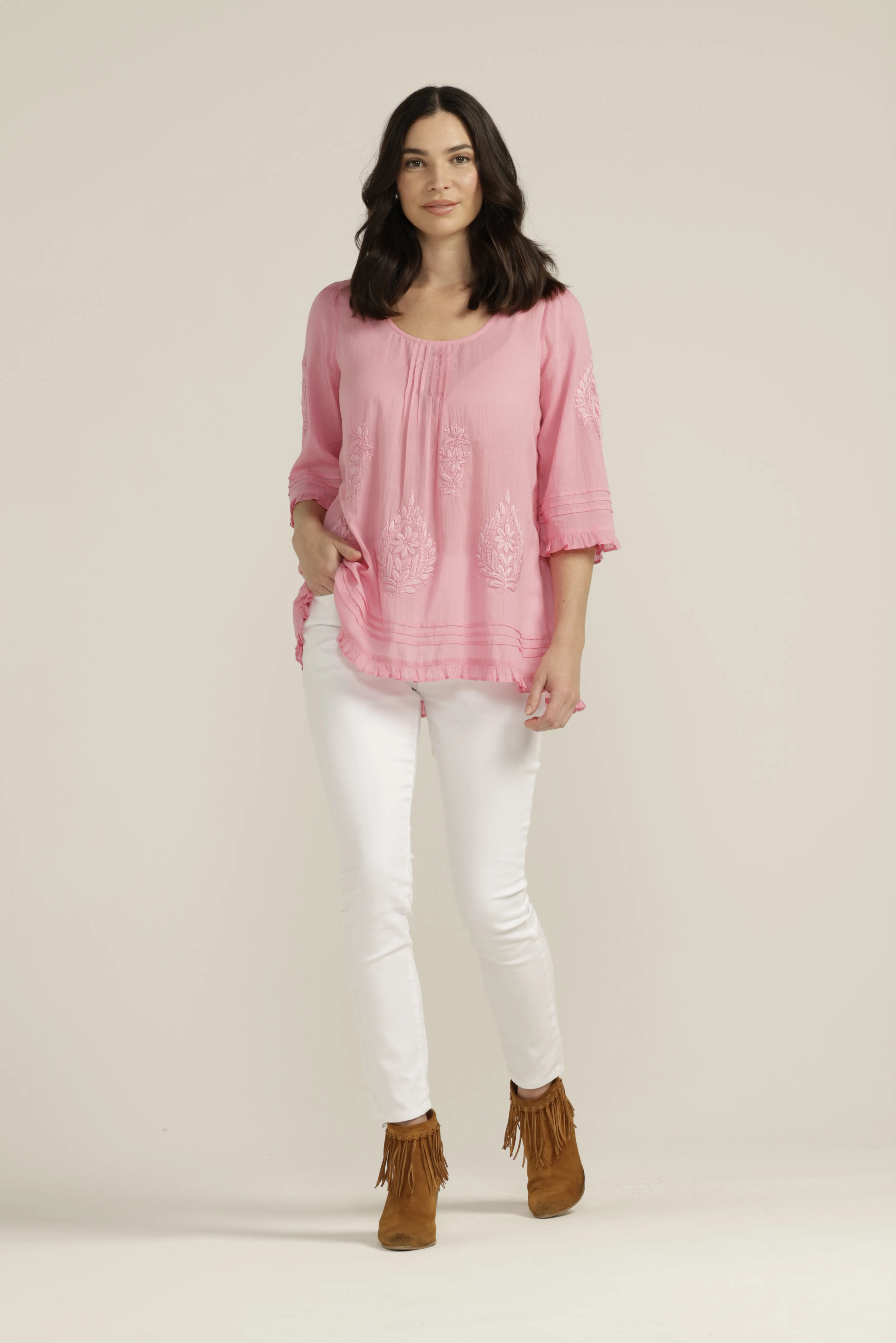 Embroidered Cotton Trapeze Top Pale Pink