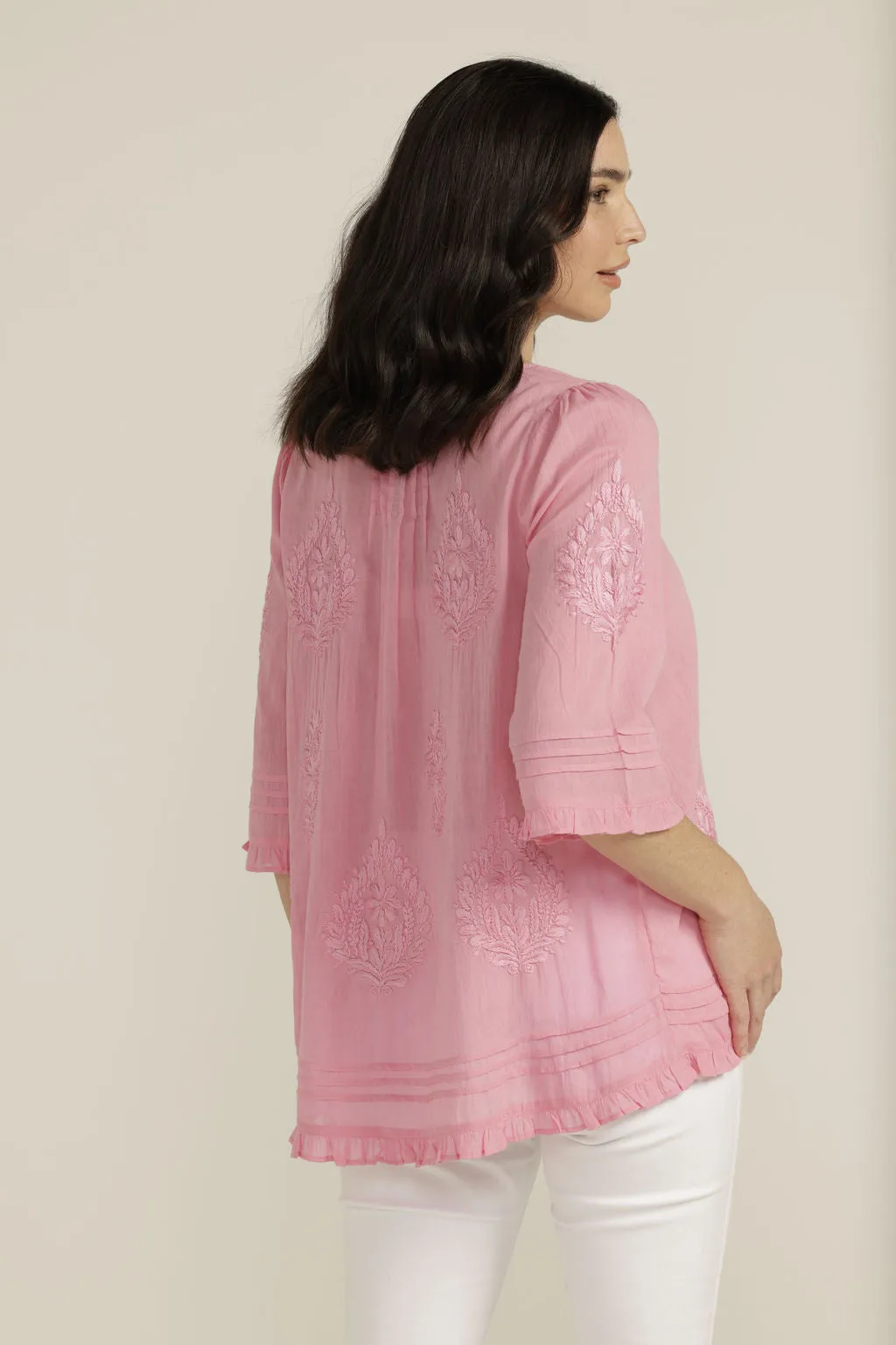 Embroidered Cotton Trapeze Top Pale Pink
