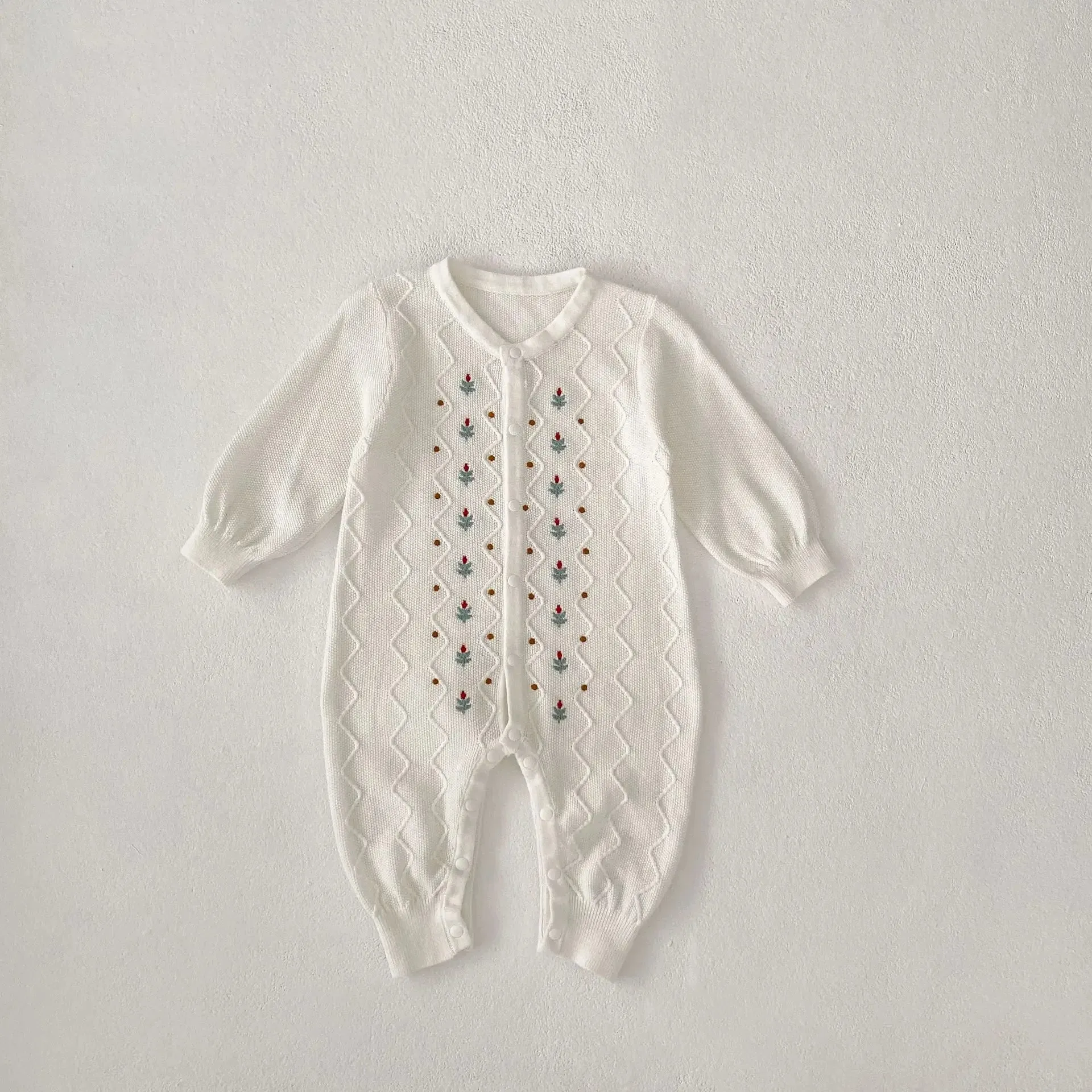 Embroidered Flower Print Knit Romper