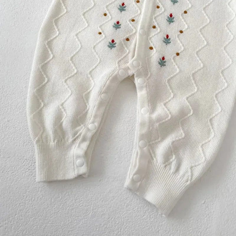 Embroidered Flower Print Knit Romper