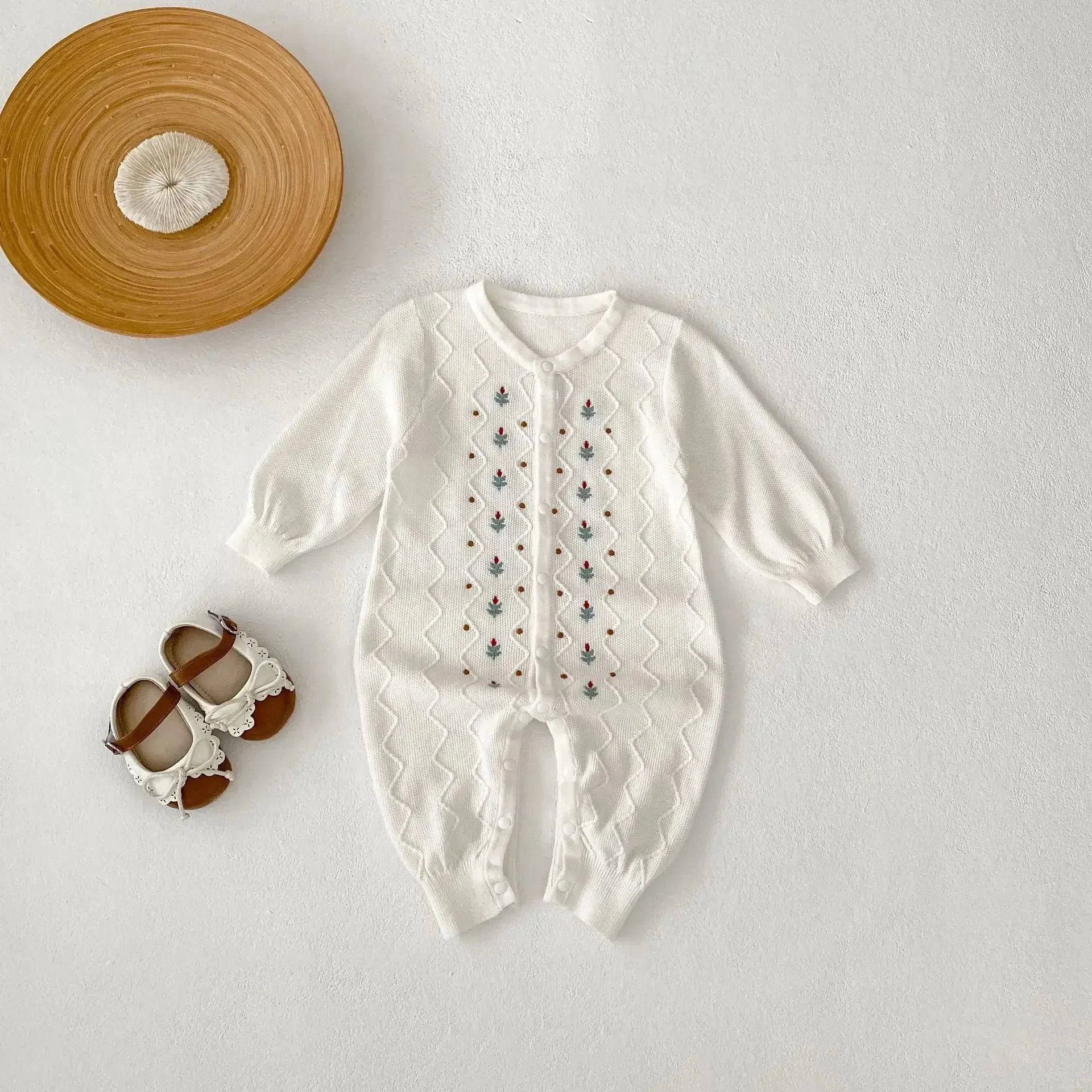 Embroidered Flower Print Knit Romper