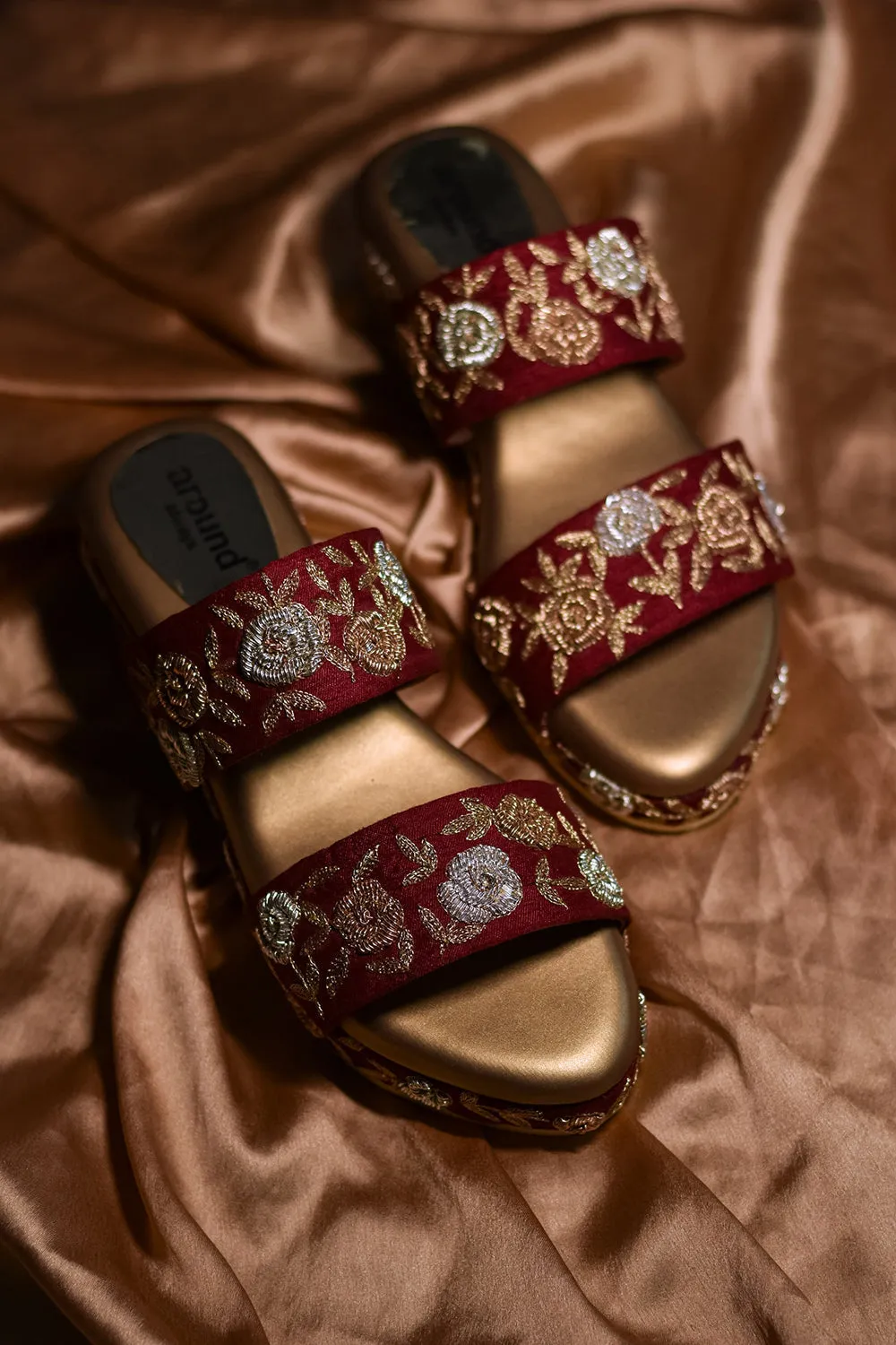 Embroidered Maroon Wedges