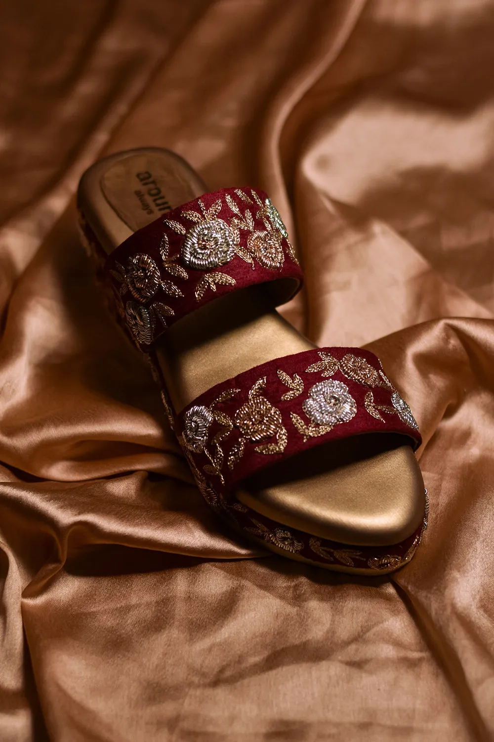 Embroidered Maroon Wedges