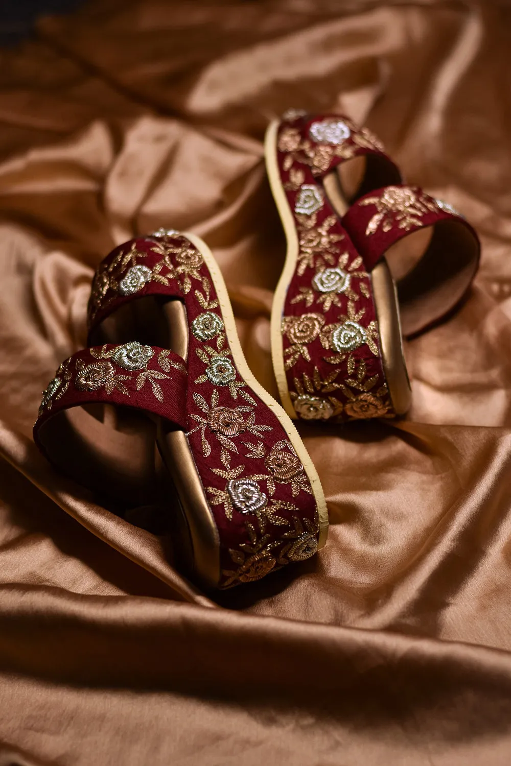 Embroidered Maroon Wedges
