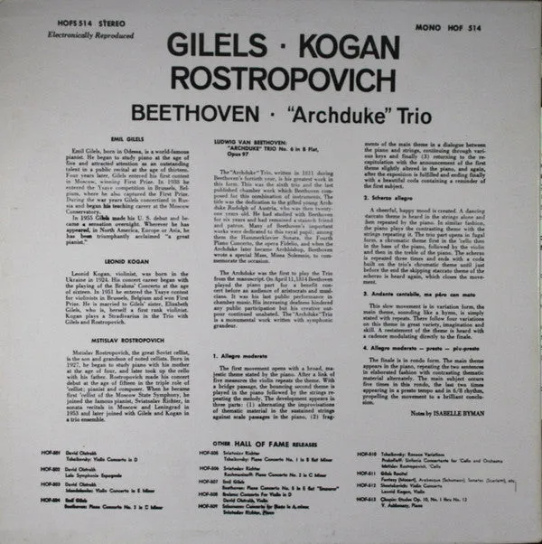 Emil Gilels, Leonid Kogan, Mstislav Rostropovich - Ludwig van Beethoven - "Archduke" Trio (LP, Album) (VG )
