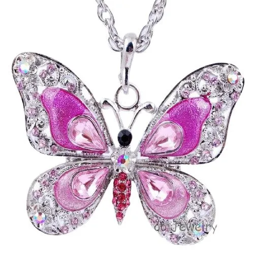 Enamel Long Necklace Chain Butterfly Crystal Pendant For Women
