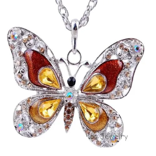 Enamel Long Necklace Chain Butterfly Crystal Pendant For Women