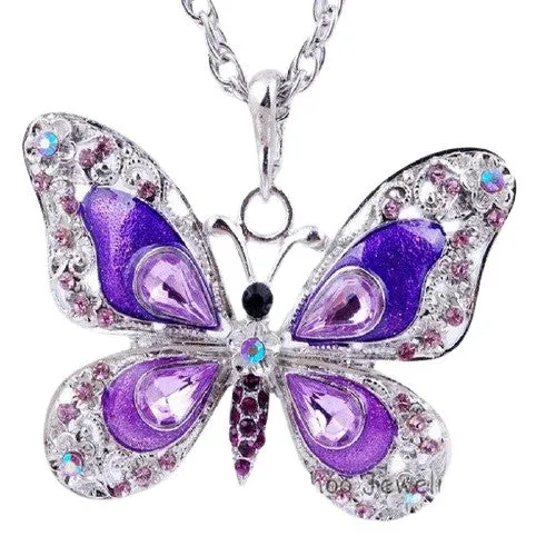 Enamel Long Necklace Chain Butterfly Crystal Pendant For Women