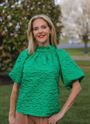 ENCHANTED GREEN BUTTON BACK PUFF SLEEVE TOP