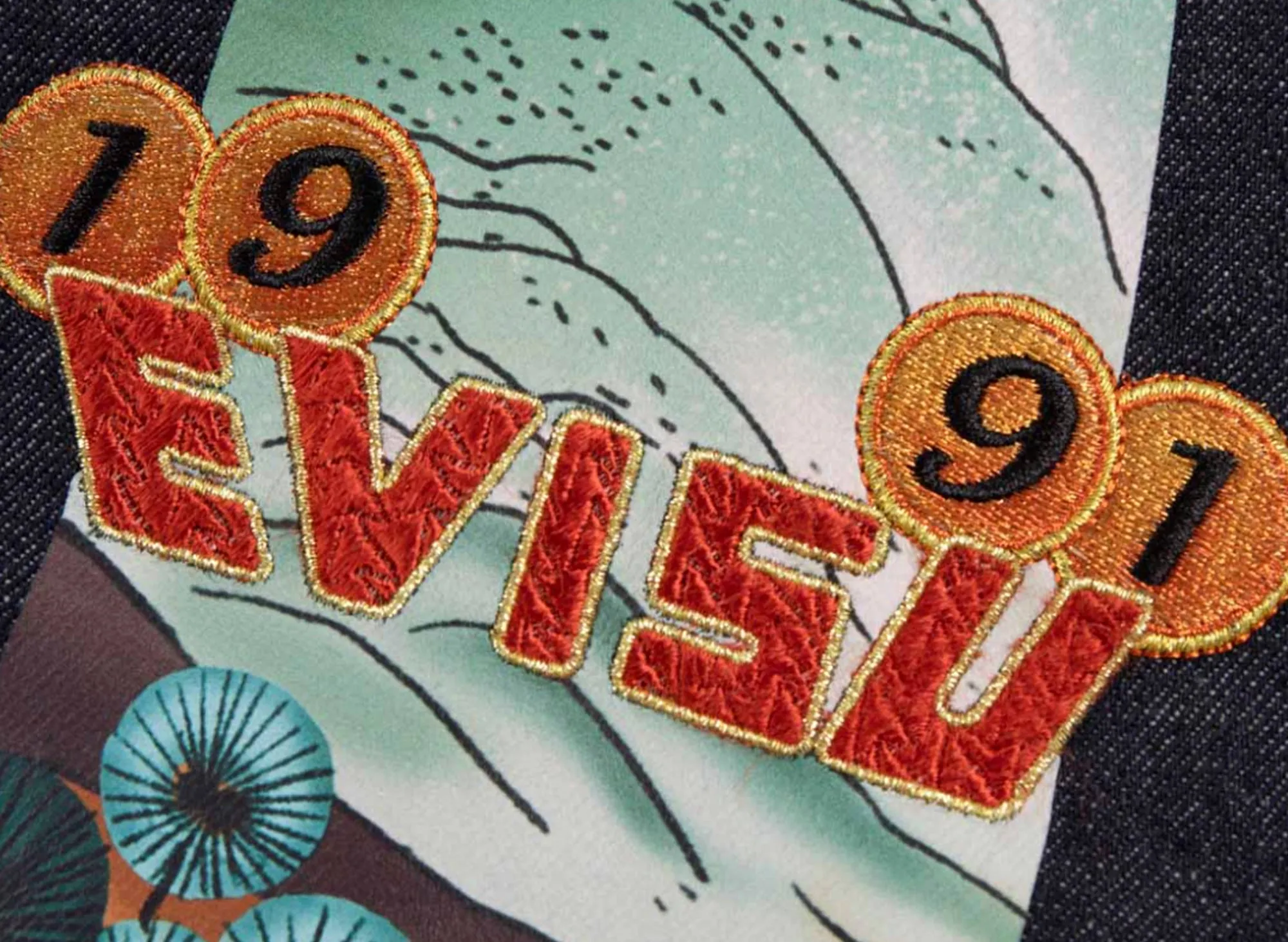 Evisu Pine Pattern Daicock Print Embroidered Wide Leg Denim Jeans
