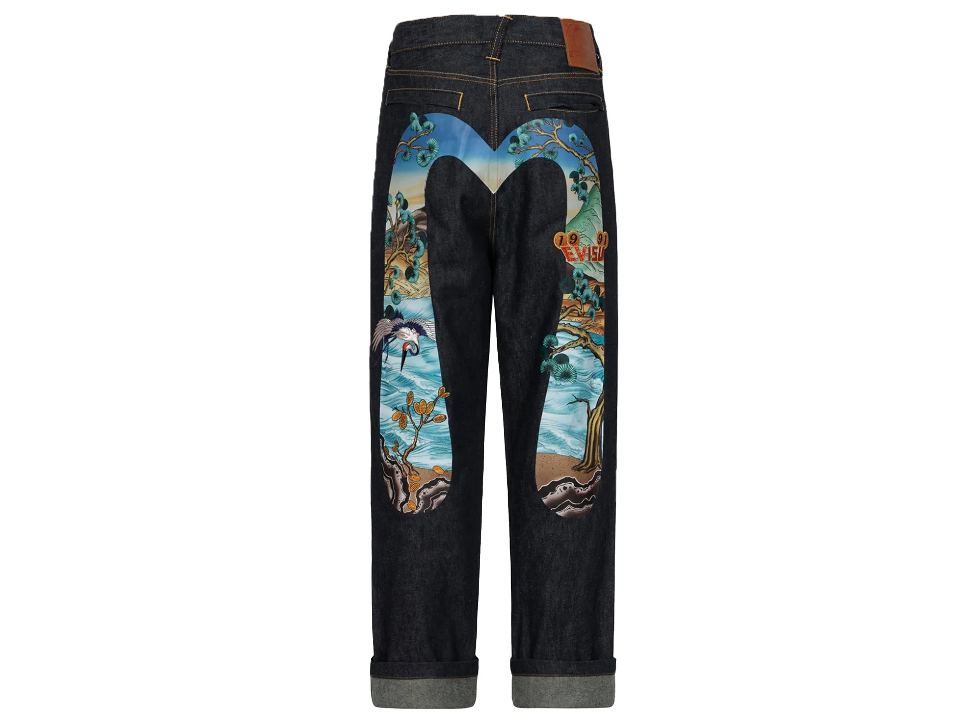 Evisu Pine Pattern Daicock Print Embroidered Wide Leg Denim Jeans