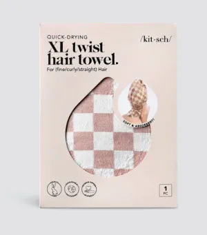 Extra Large Quick-Dry Hair Towel Wrap- Terracotta Checker