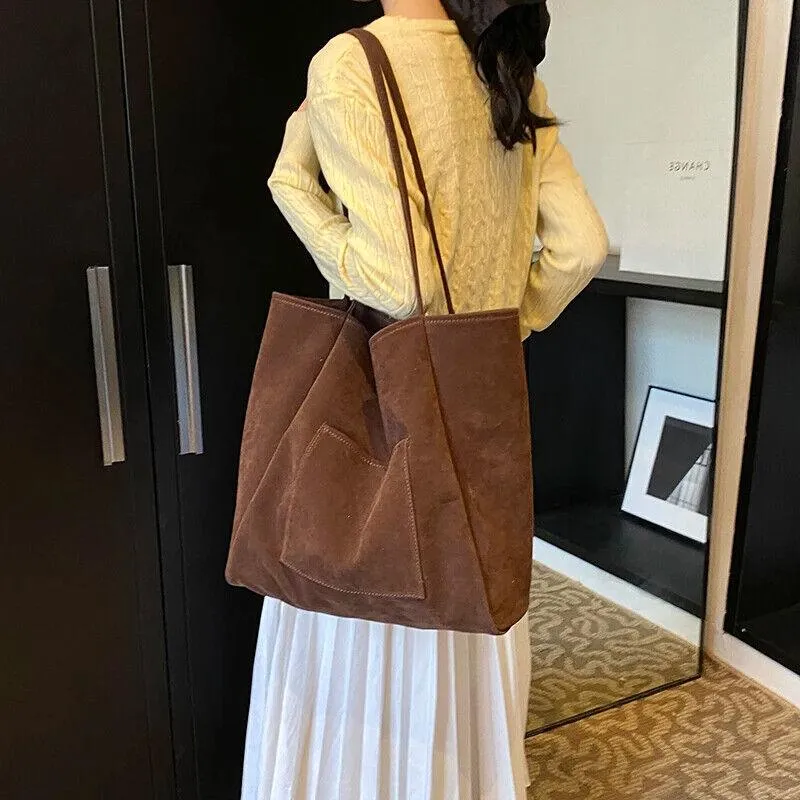 Extra Large Shoulder Bags Suede Nubuck Leather Snap Women's Outer Pocket Handbag
