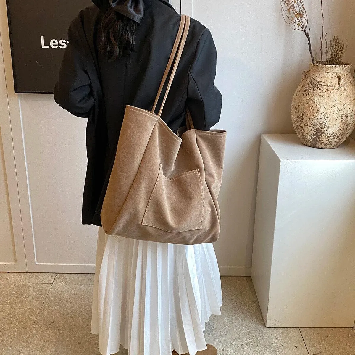 Extra Large Shoulder Bags Suede Nubuck Leather Snap Women's Outer Pocket Handbag