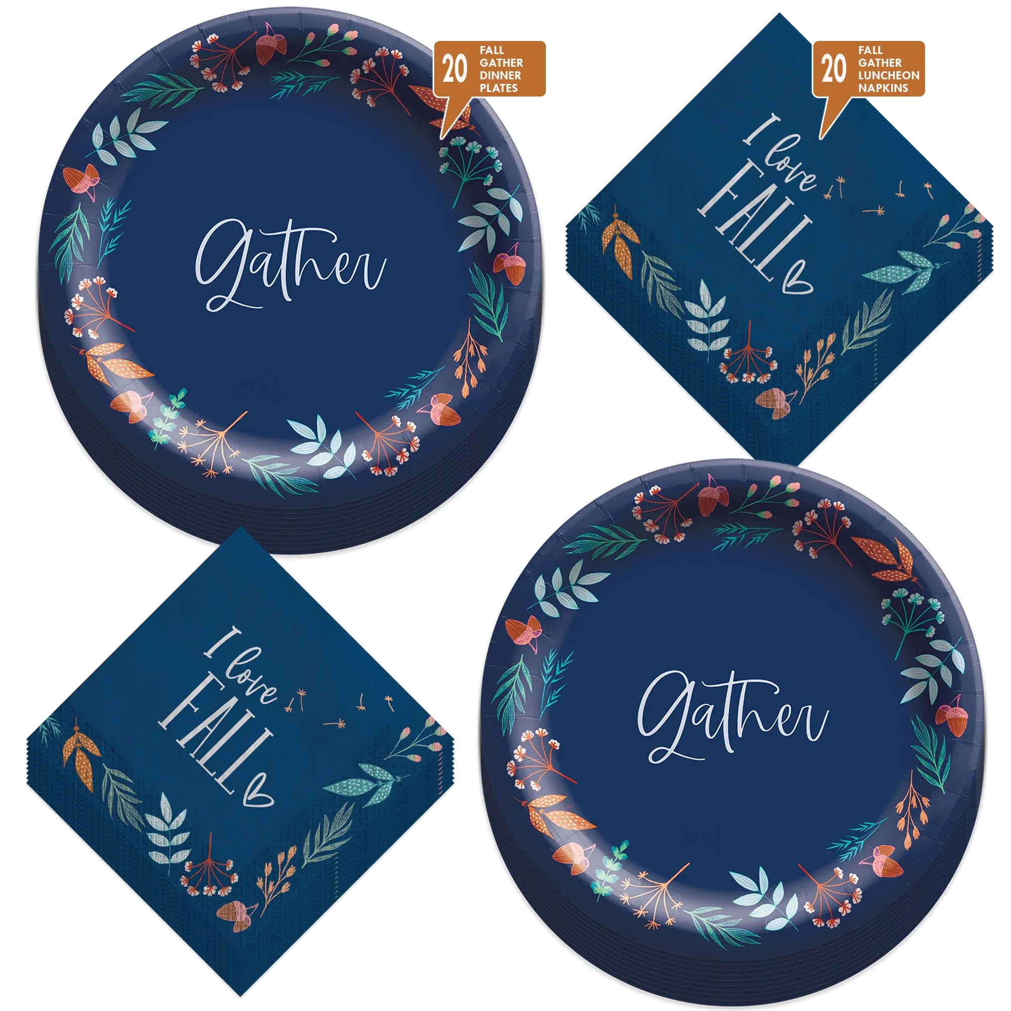 Fall Party Supplies Navy Blue & Autumn Leaves Gather Paper Dinner Plates and Luncheon Napkins (Serves 20)