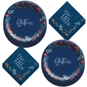 Fall Party Supplies Navy Blue & Autumn Leaves Gather Paper Dinner Plates and Luncheon Napkins (Serves 20)