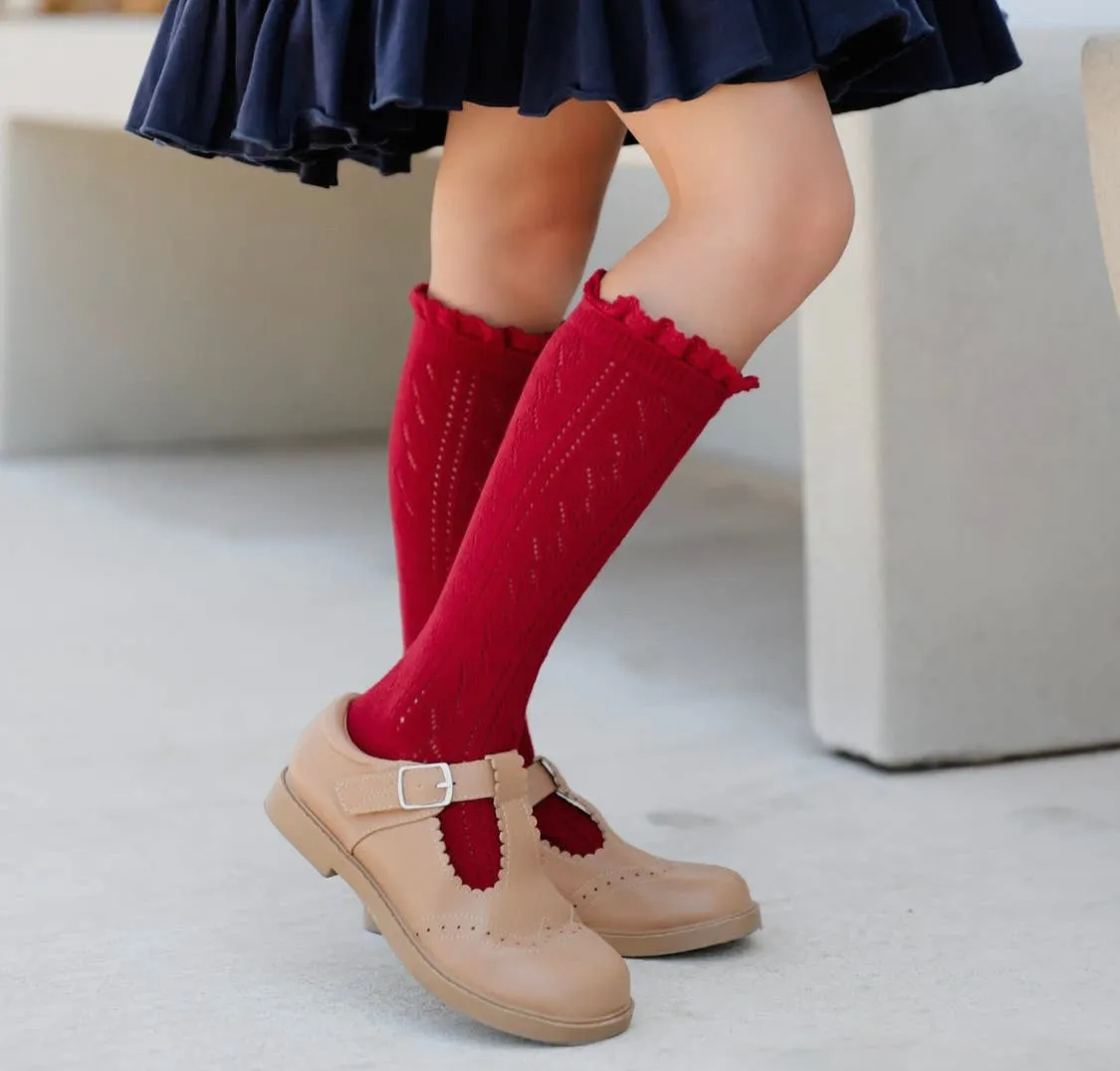 Fancy Lace Top Knee High Socks, Cherry