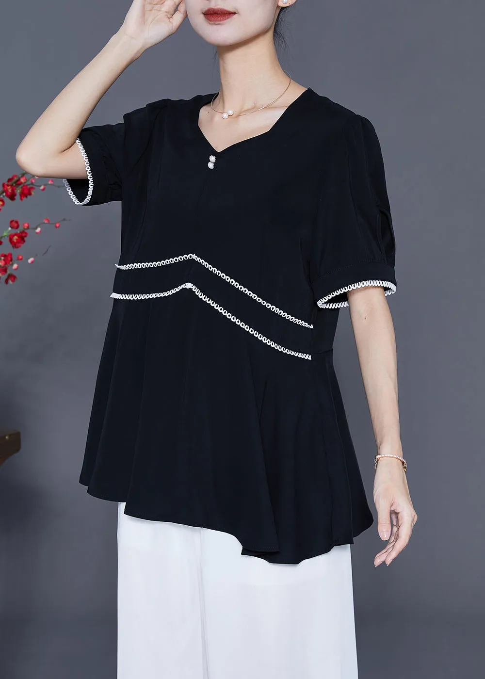 Fashion Black Slim Fit Patchwork Exra Large Hem Chiffon Blouse Tops Summer LY5381