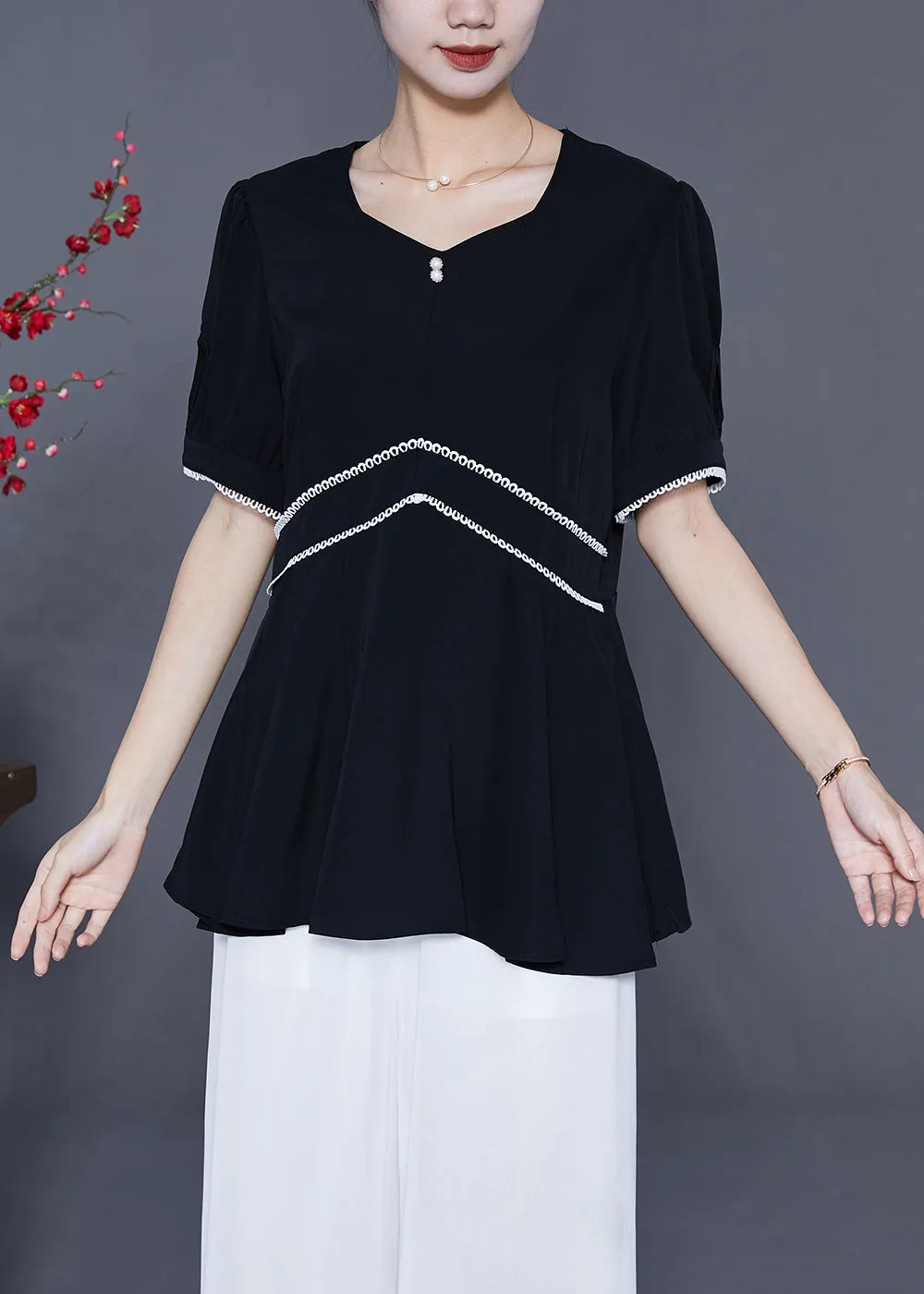 Fashion Black Slim Fit Patchwork Exra Large Hem Chiffon Blouse Tops Summer LY5381
