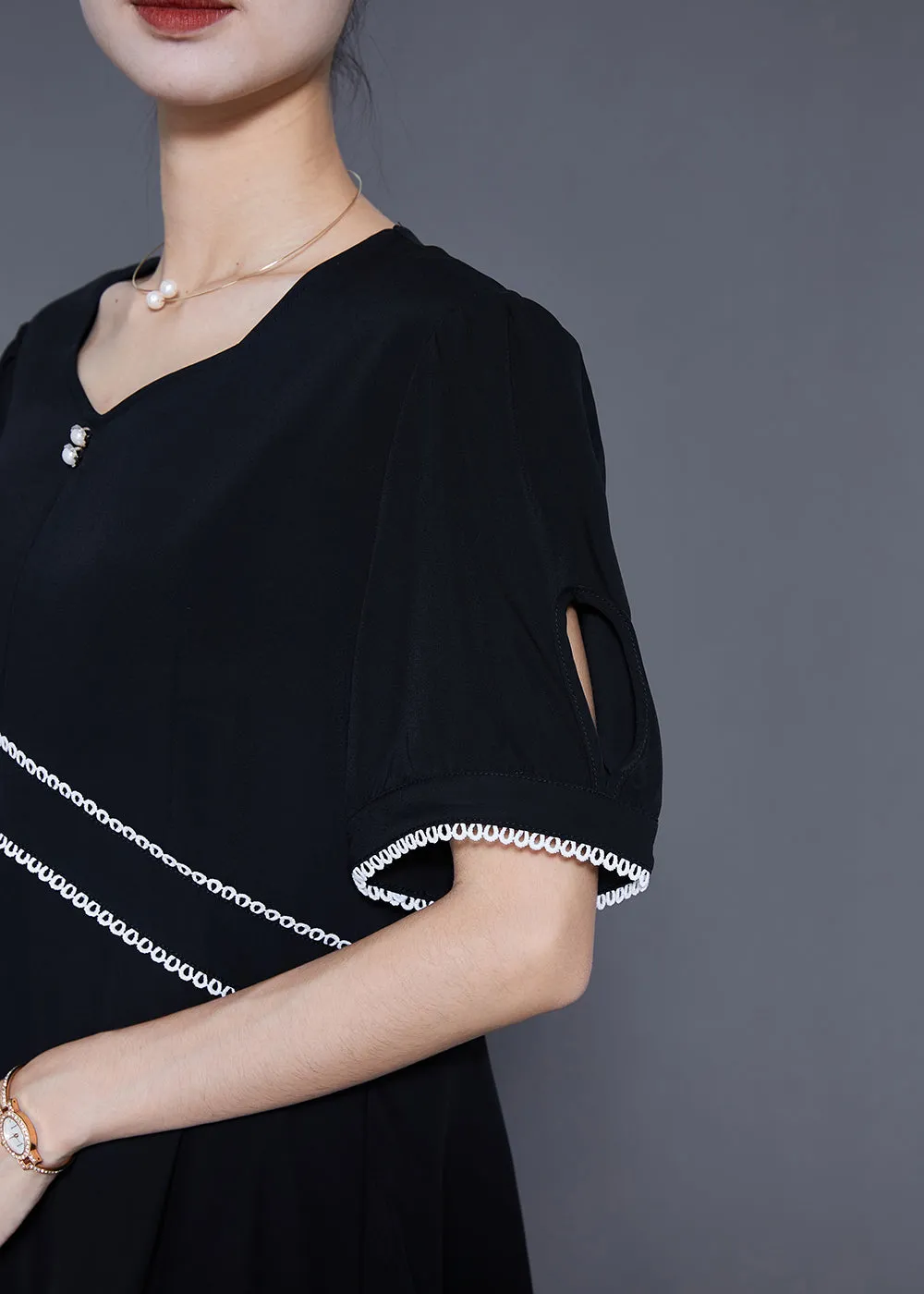 Fashion Black Slim Fit Patchwork Exra Large Hem Chiffon Blouse Tops Summer LY5381