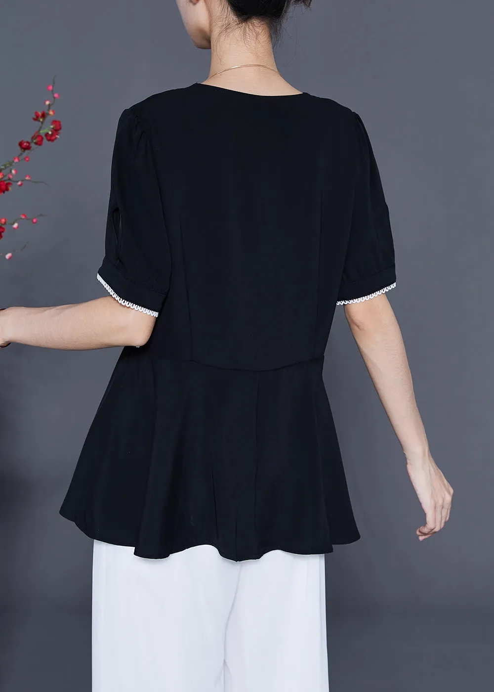 Fashion Black Slim Fit Patchwork Exra Large Hem Chiffon Blouse Tops Summer LY5381