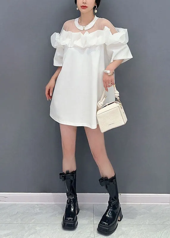 Fashion White O Neck Ruffled Tulle Patchwork Cotton Mid Dress Summer LY5739