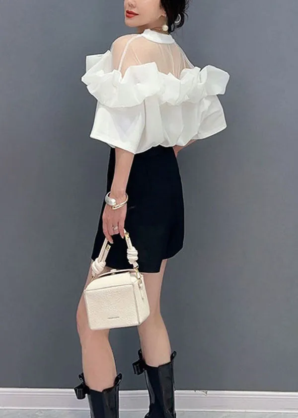 Fashion White O Neck Ruffled Tulle Patchwork Cotton Mid Dress Summer LY5739