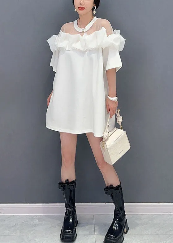 Fashion White O Neck Ruffled Tulle Patchwork Cotton Mid Dress Summer LY5739